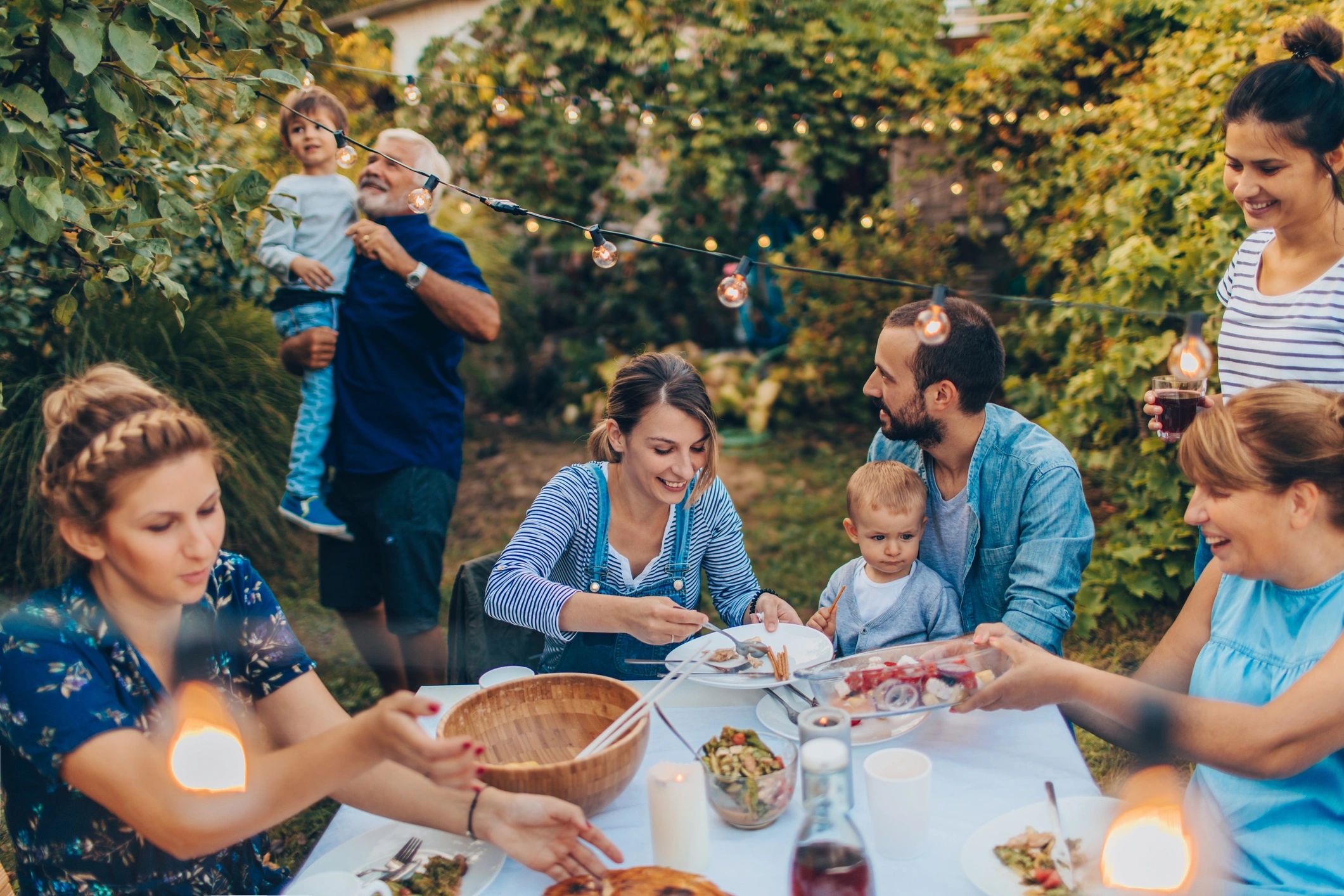 Family gathering outdoors together